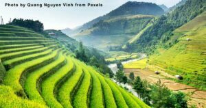 Mountains with rice plantations and Terrace Farming under cloudy sky