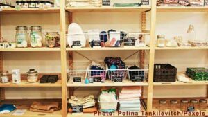 Sustainable Swaps Products on Wooden Shelf